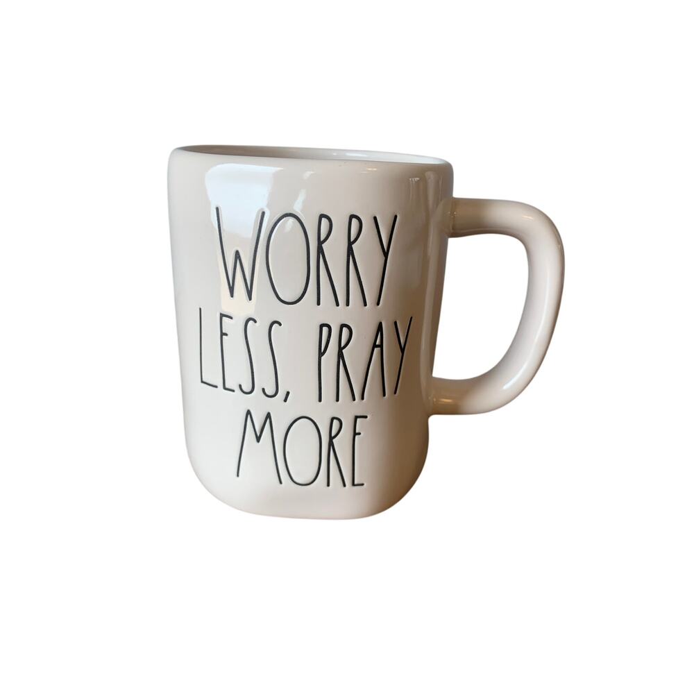 Rae Dunn Coffee Mug WORRY LESS PRAY MORE Ceramic Religious Spiritual Farmhouse